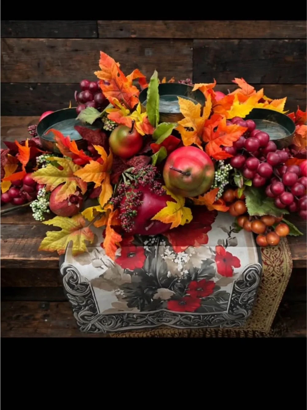 Autumn Harvest Faux Fruit and Foliage Centerpiece with Red and Orange Accents